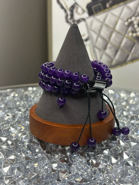 Purple Beaded Stretch Bracelet Stack with Pave Accent - Picture 5 of 8